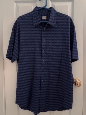 Armani Collezioni Men’s Blue Check Short Sleeve Button-Up Shirt Sz L 100% Cotton